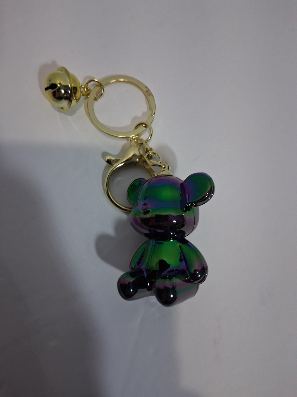 Iridescent Green-Purple Bear Keychain with Gold Hardware